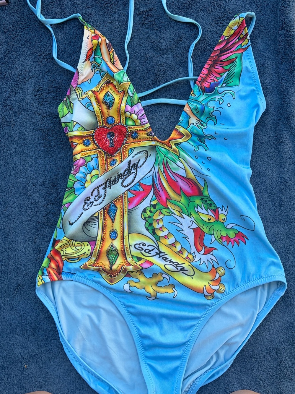 Y2K Ed Hardy Christian Audigier One-Piece Swimsuit with Dragon & Cross Graphic